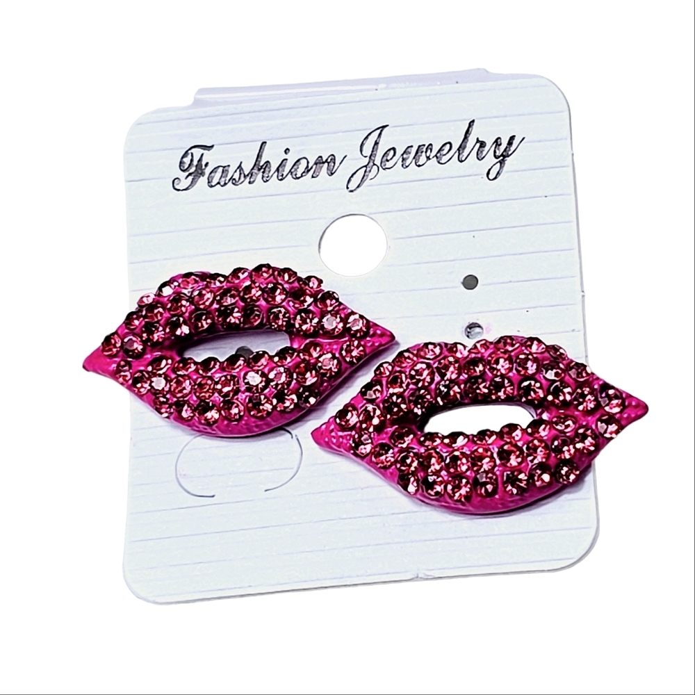 Fashion Pink Rhinestone Retro Shiny Lips Earrings